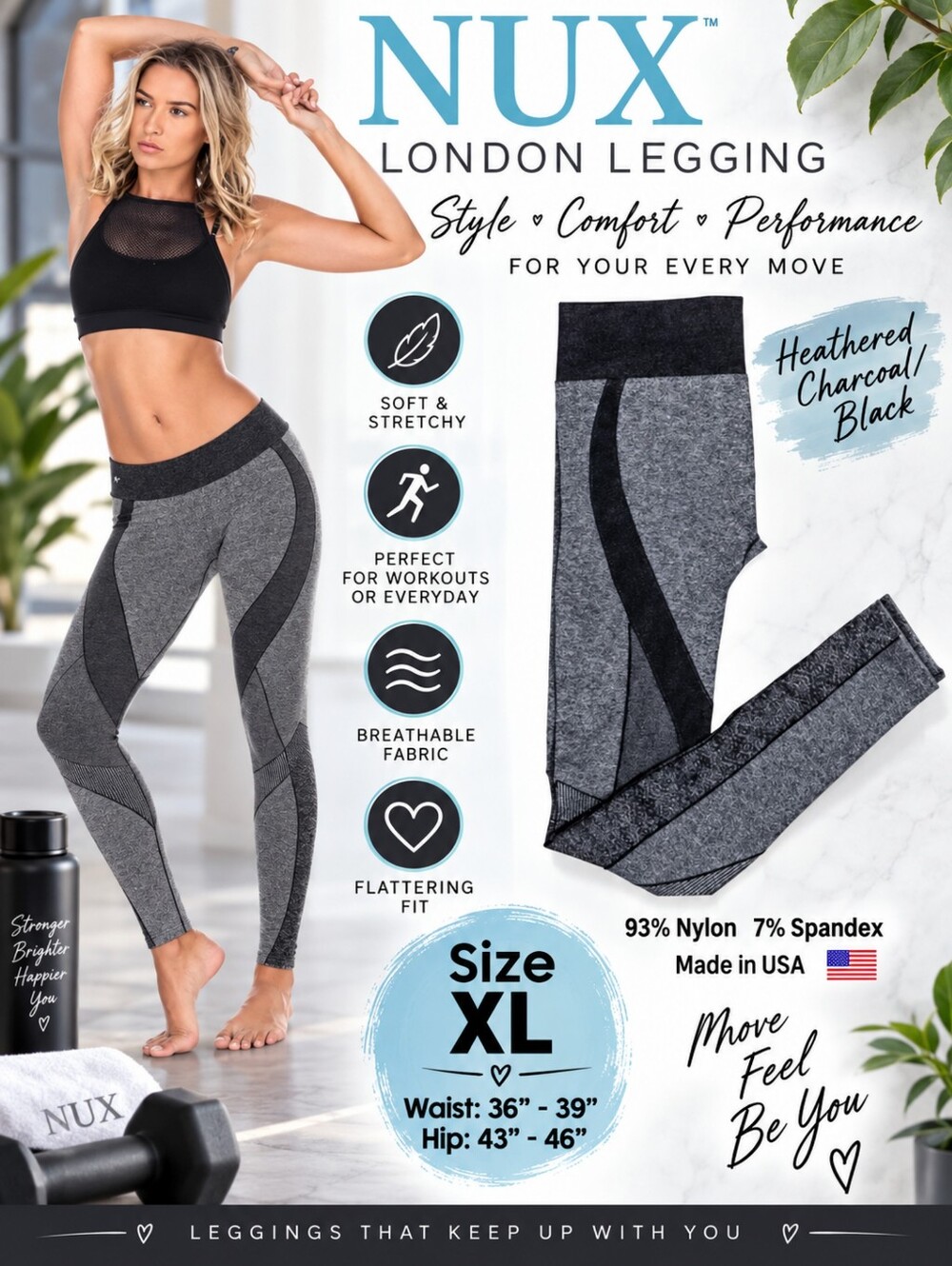 NUX London Leggings XL Heather Charcoal And Black